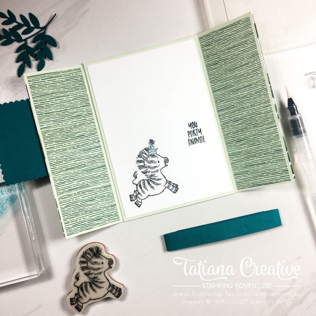 Fantastic Fun Folds with Tatiana Creative Stamping Adventure - Zany Zebra Gate Fold Variation card using Zany Zebra stamp set and Forever Greenery DSP both from Stampin' Up!®