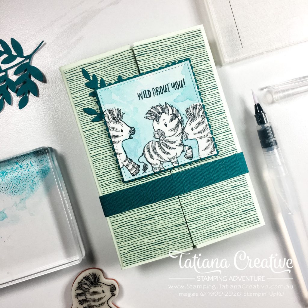 Fantastic Fun Folds with Tatiana Creative Stamping Adventure - Zany Zebra Gate Fold Variation card using Zany Zebra stamp set and Forever Greenery DSP both from Stampin' Up!®