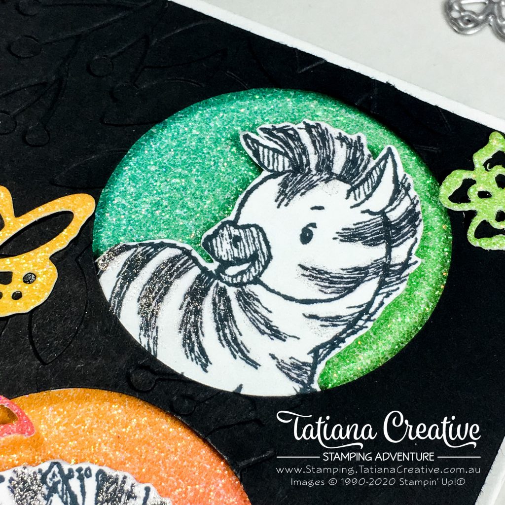 Tatiana Creative Stamping Adventure - Rainbow Glimmer Zany Zebra card using Zany Zebras stamp set and Rainbow Glimmer Paper from Stampin' Up!®