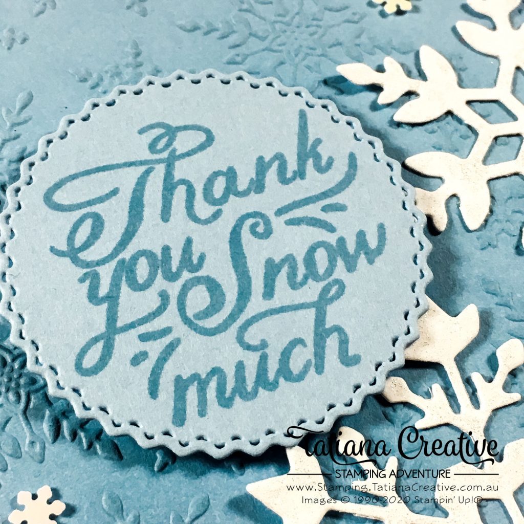 Tatiana Creative Stamping Adventure - Snowflake Thank You Card using Snowflake Wishes stamp set and Winter Snow Embossing Folder both from Stampin' Up!®