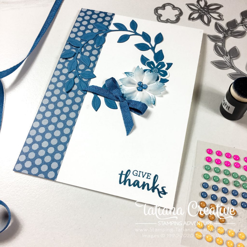 Tatiana Creative Stamping Adventure - September 2020 In Color Club Thank You card using Misty Moonlight using Arrange A Wreath Bundle from Stampin' Up!®