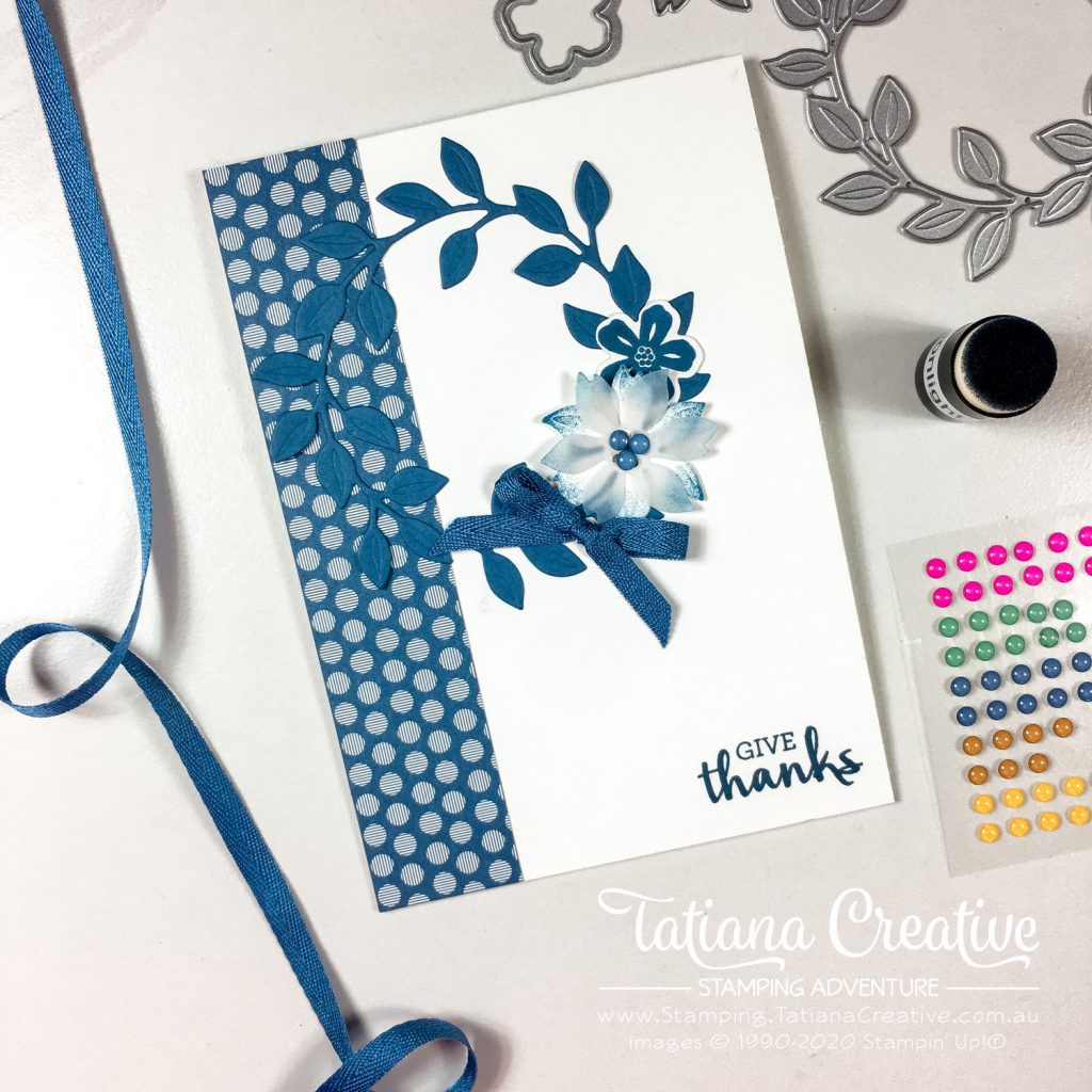 Tatiana Creative Stamping Adventure - September 2020 In Color Club Thank You card using Misty Moonlight using Arrange A Wreath Bundle from Stampin' Up!®