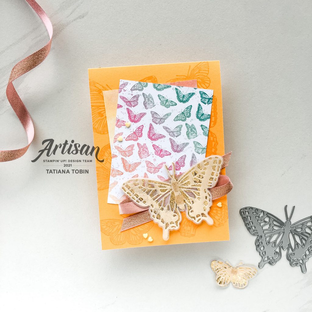 Tatiana Creative Stamping Adventure 2021 Artisan Design Team Member - Customer Appreciation card using Butterfly Brilliance Bundle and Butterfly Bijou DSP from Stampin' Up!®