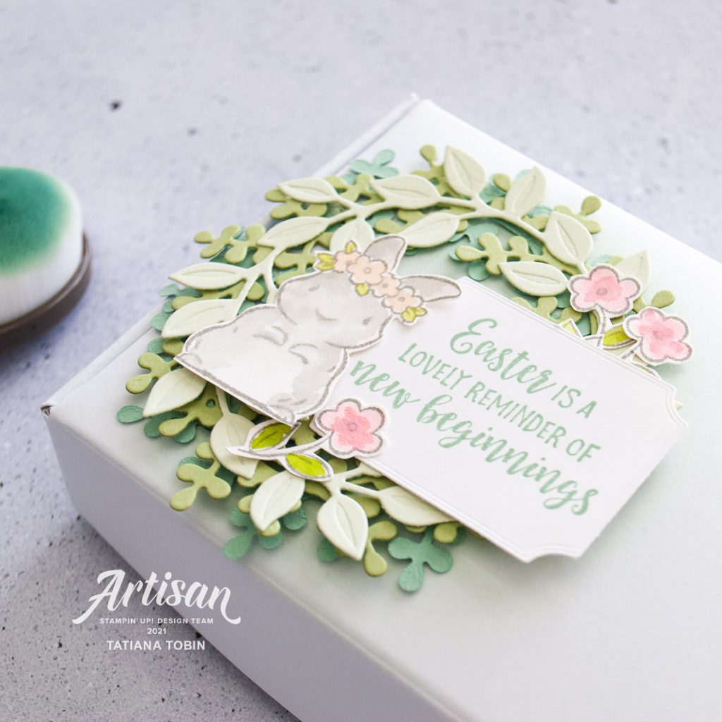 Tatiana Creative Stamping Adventure 2021 Artisan Design Team Member - Easter Bunny Treat Mini Paper Pumpkin Box using Springtime Joy stamp set and the Wreath Builder Dies both from Stampin' Up!®