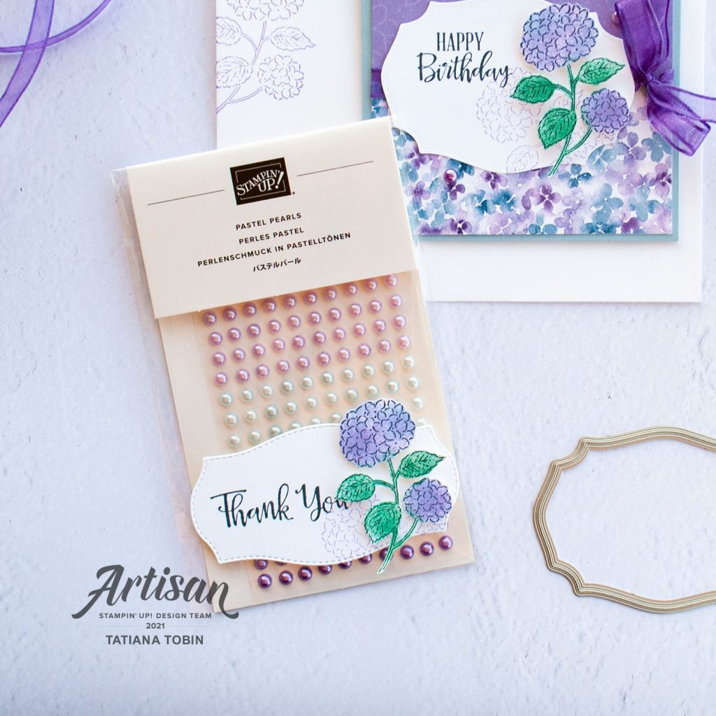 Tatiana Creative Stamping Adventure 2021 Artisan Design Team Member - Hydrangea Birthday card with Suite Sampler stamp set and Hydrangea Hill DSP both from Stampin' Up!®