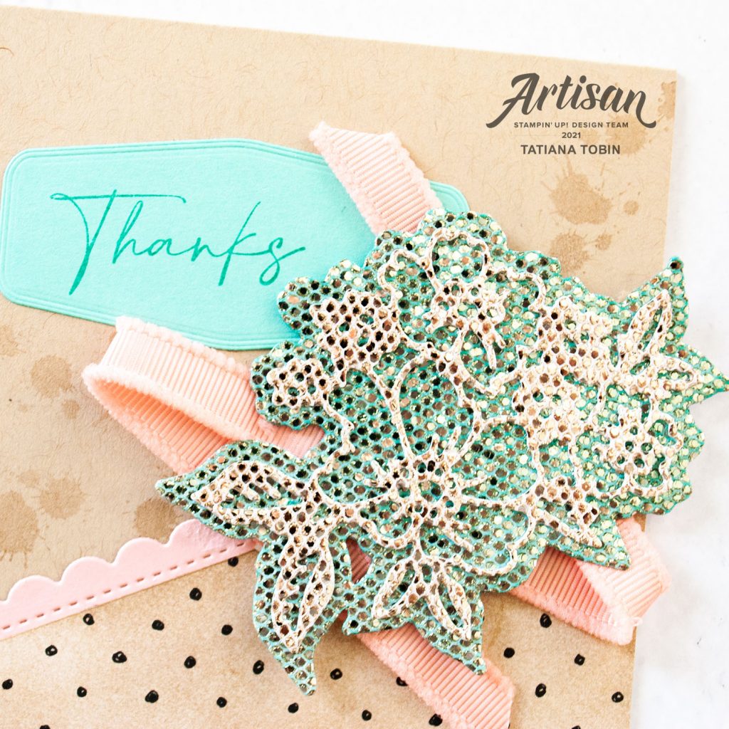 Tatiana Creative Stamping Adventure 2021 Artisan Design Team Member - Thanks Card featuring August to September 2021 Sale-A-Bration items Be Dazzling Specialty Paper, Beautifully Penned DSP, and Textures & Frames stamp set all from Stampin' Up!®