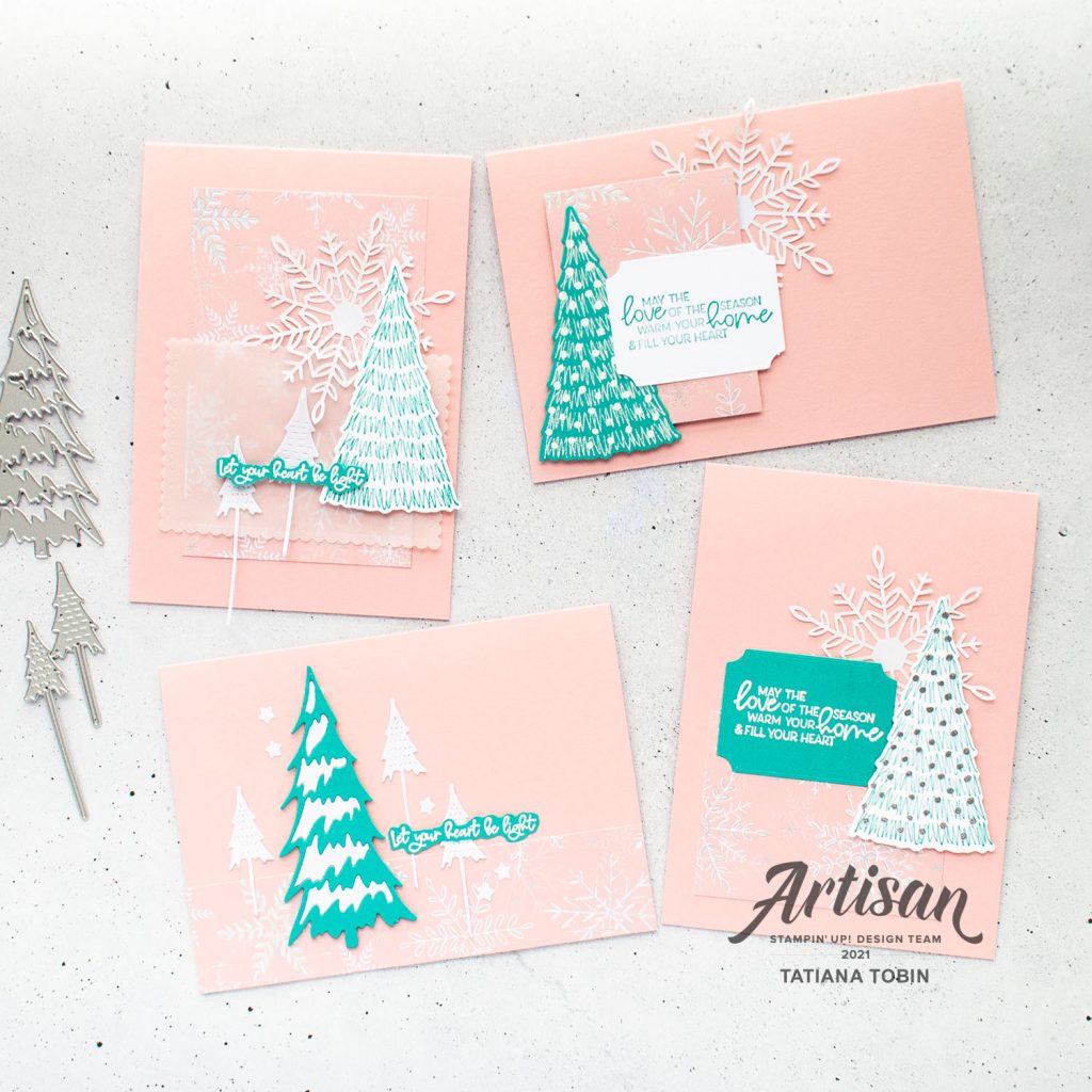 Tatiana Creative Stamping Adventure 2021 Artisan Design Team Member - 6"x6" One Sheet Wonder cards using Whimsical Trees Bundle and Whimsy & Wonder DSP from Stampin' Up!®