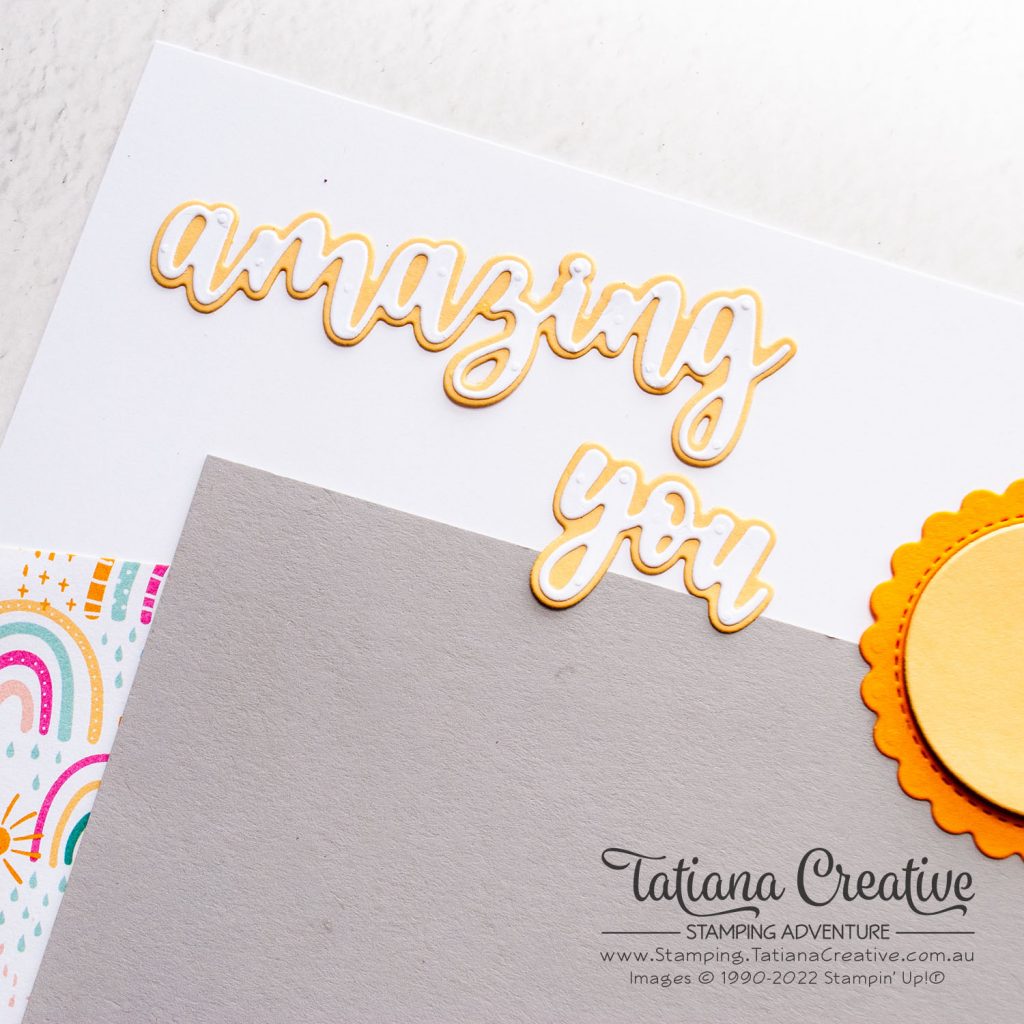 Tatiana Creative Stamping Adventure - Amazing You Sunshine & Rainbows Scrapbook Page using Sunshine & Rainbows DSP and Brilliant Rainbow Dies from Stampin' Up!®