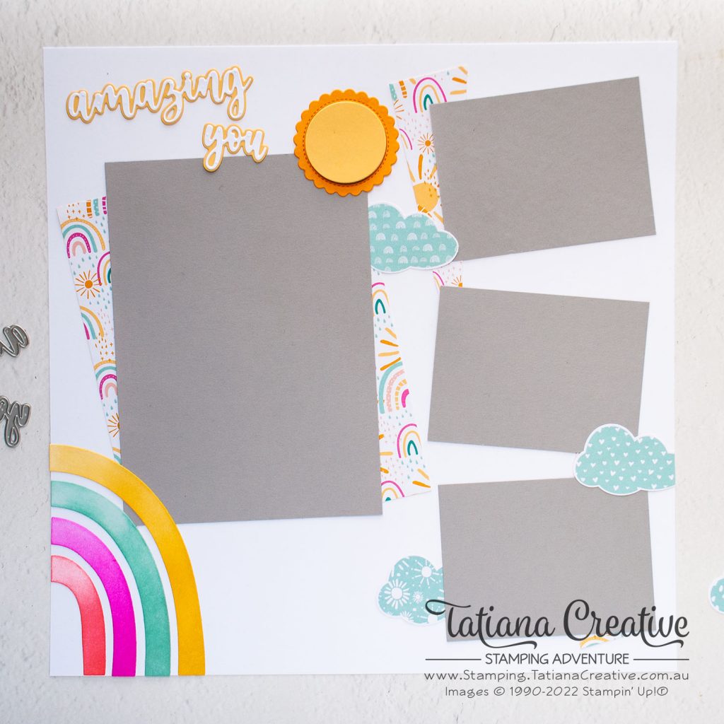 Tatiana Creative Stamping Adventure - Amazing You Sunshine & Rainbows Scrapbook Page using Sunshine & Rainbows DSP and Brilliant Rainbow Dies from Stampin' Up!®