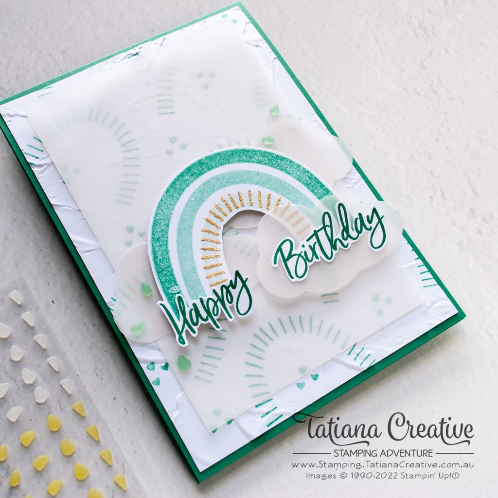 Tatiana Creative Stamping Adventure - Green Monochromatic Rainbow Birthday Card using Rainbow Of Happiness stamp set from Stampin' Up!®