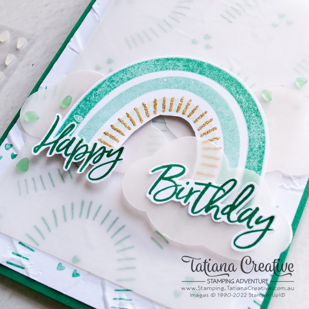 Tatiana Creative Stamping Adventure - Green Monochromatic Rainbow Birthday Card using Rainbow Of Happiness stamp set from Stampin' Up!®