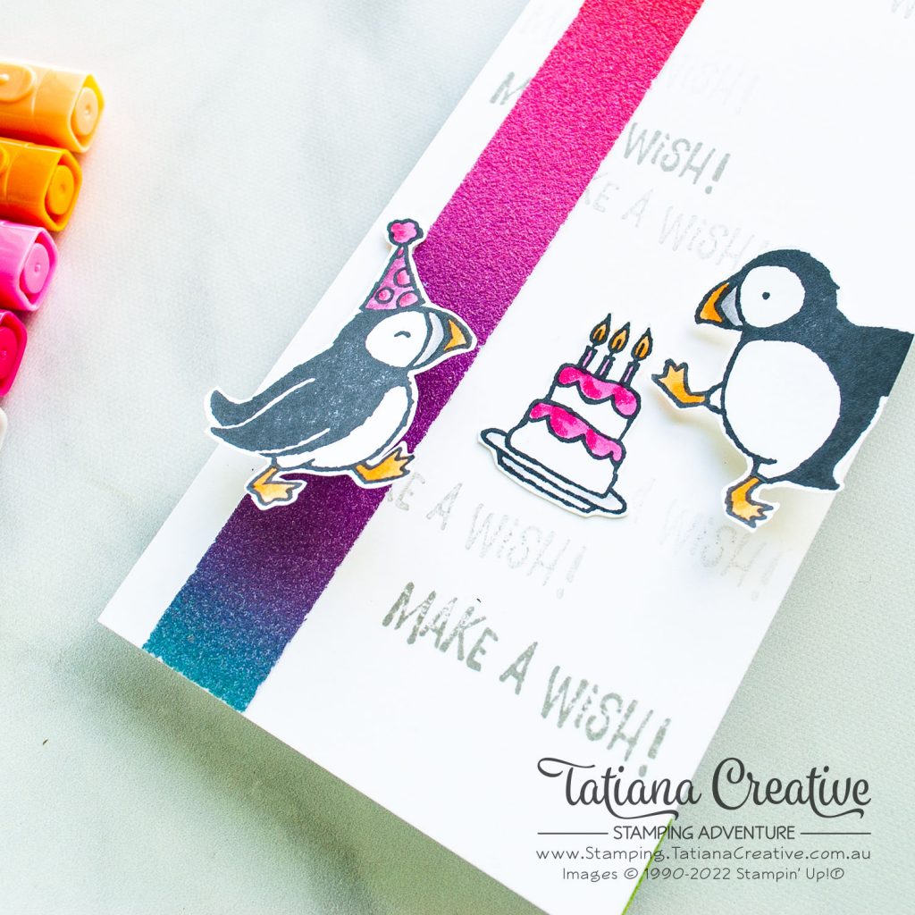 Tatiana Creative Stamping Adventure - Party Puffins Interactive Slimline Card using Party Puffins stamp set from Stampin' Up!®