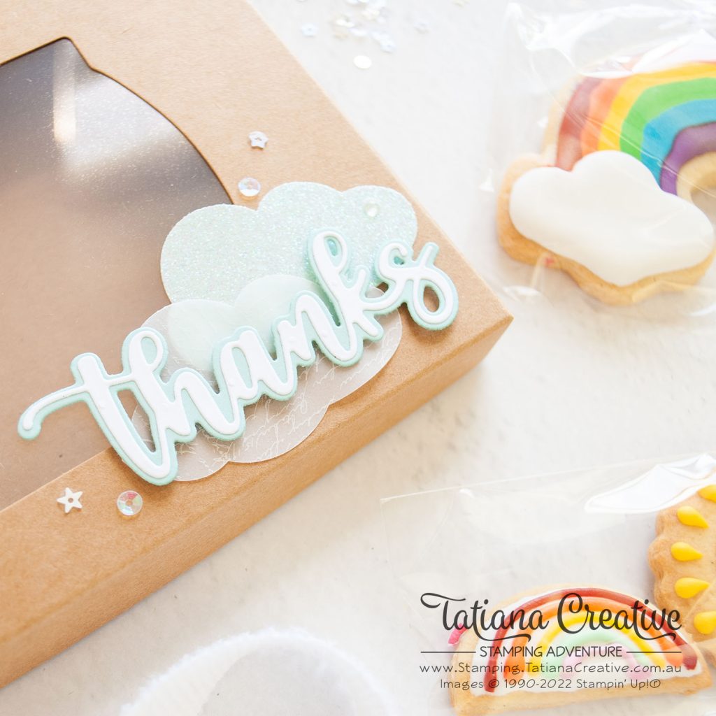 Tatiana Creative Stamping Adventure - Rainbow Cookies Kraft Gift Boxes from Crafting Retreat using Amazing Thanks Dies and Cloud Punch both from Stampin' Up!®