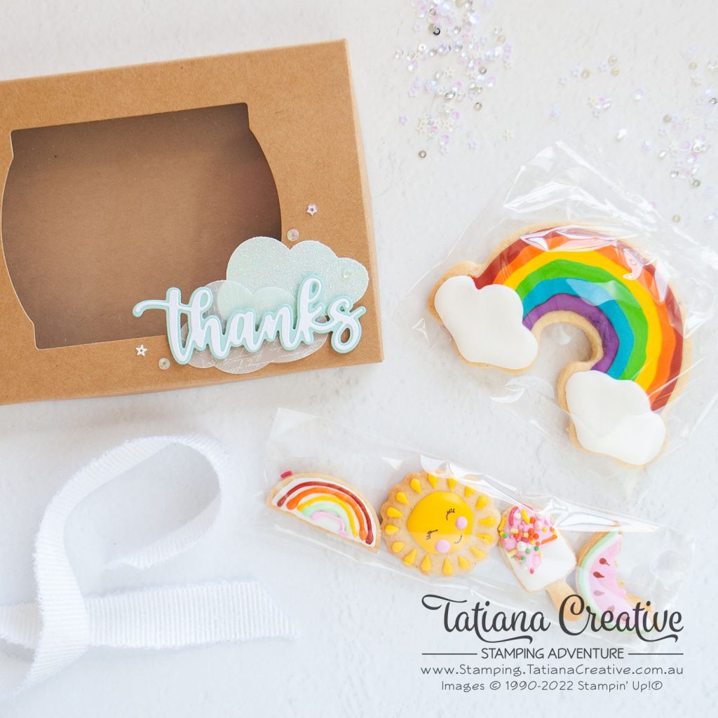 Tatiana Creative Stamping Adventure - Rainbow Cookies Kraft Gift Boxes from Crafting Retreat using Amazing Thanks Dies and Cloud Punch both from Stampin' Up!®