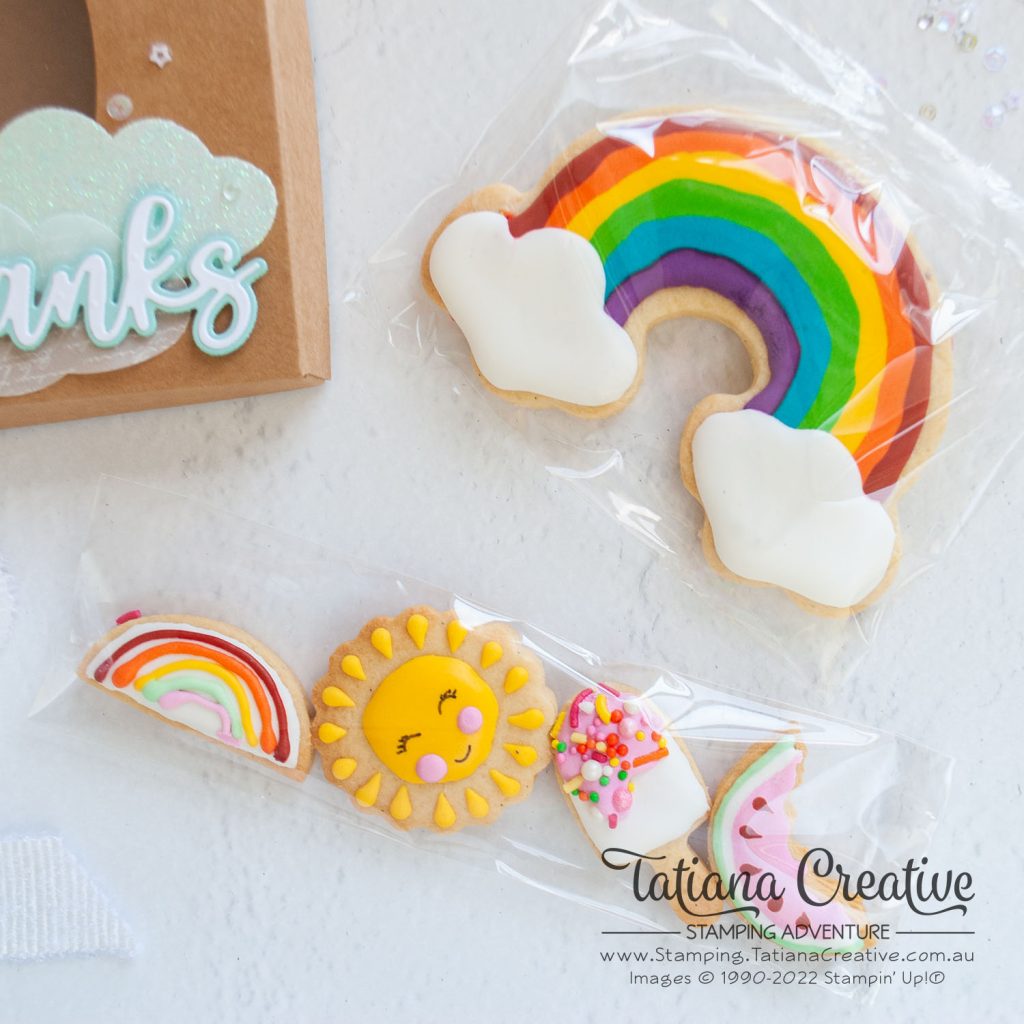 Tatiana Creative Stamping Adventure - Rainbow Cookies Kraft Gift Boxes from Crafting Retreat using Amazing Thanks Dies and Cloud Punch both from Stampin' Up!®