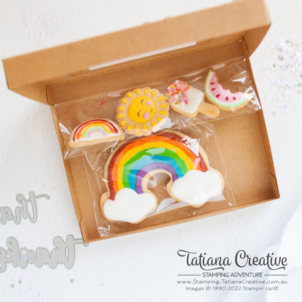 Tatiana Creative Stamping Adventure - Rainbow Cookies Kraft Gift Boxes from Crafting Retreat using Amazing Thanks Dies and Cloud Punch both from Stampin' Up!®