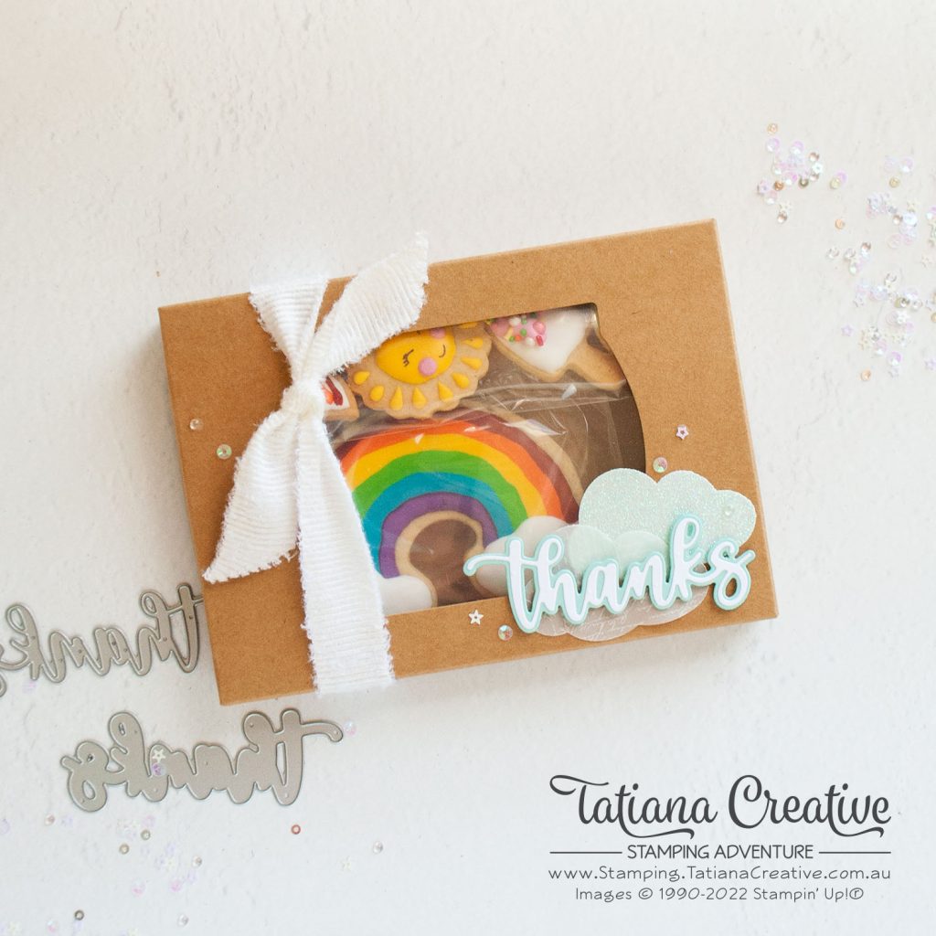 Tatiana Creative Stamping Adventure - Rainbow Cookies Kraft Gift Boxes from Crafting Retreat using Amazing Thanks Dies and Cloud Punch both from Stampin' Up!®