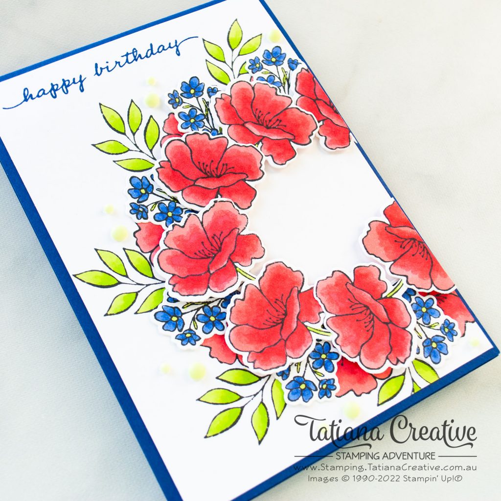 Tatiana Creative Stamping Adventure - Offset Wreath Birthday card using Happiness Abounds Bund from Stampin' Up!® for Stampin' Fancy Friday Color Challenge