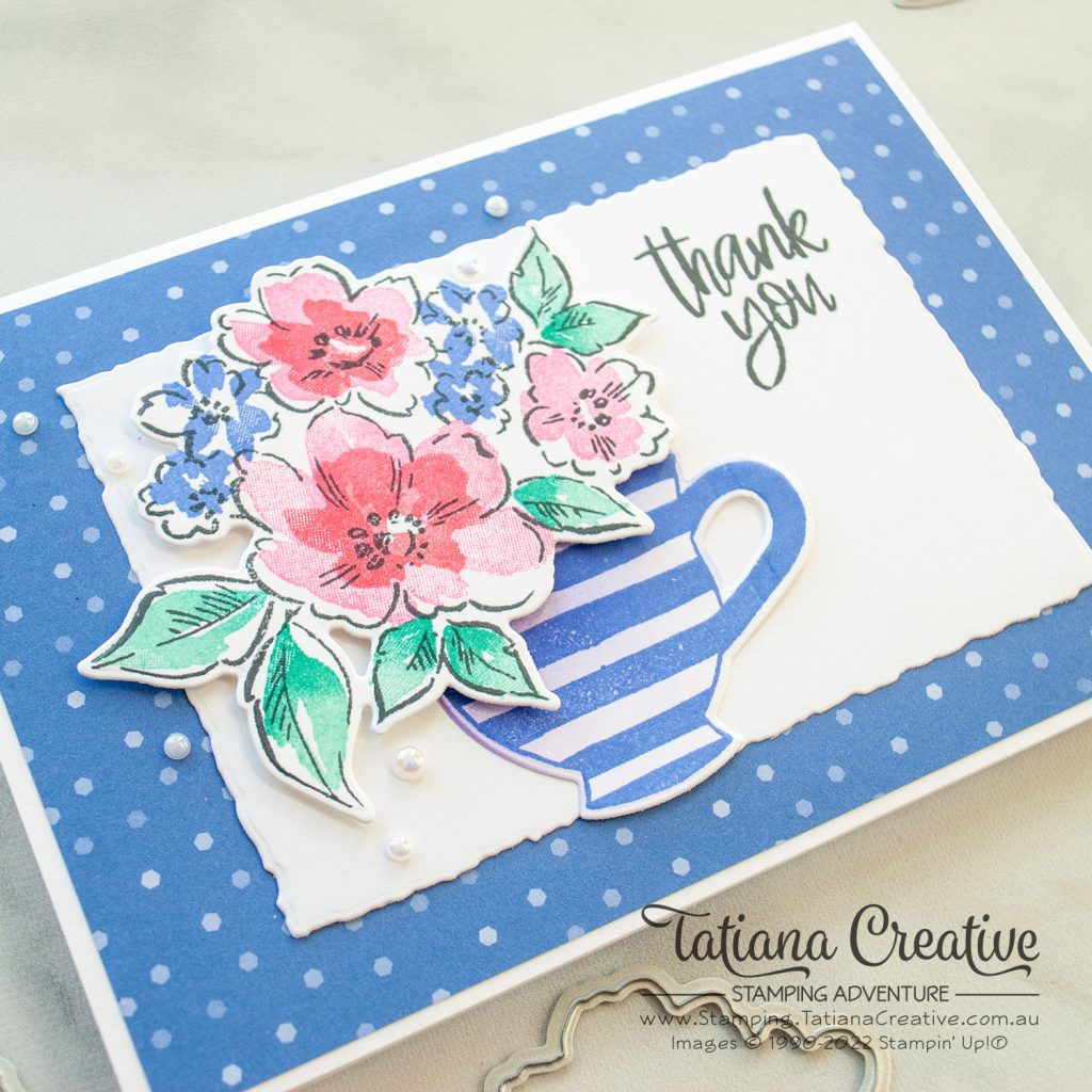 Tatiana Creative Stamping Adventure - Floral Tea Cup Thank You card using Hand-Penned Petals stamp set and Cup Of Tea stamp set both from Stampin' Up!® for Stampin' Fancy Friday Color Challenge