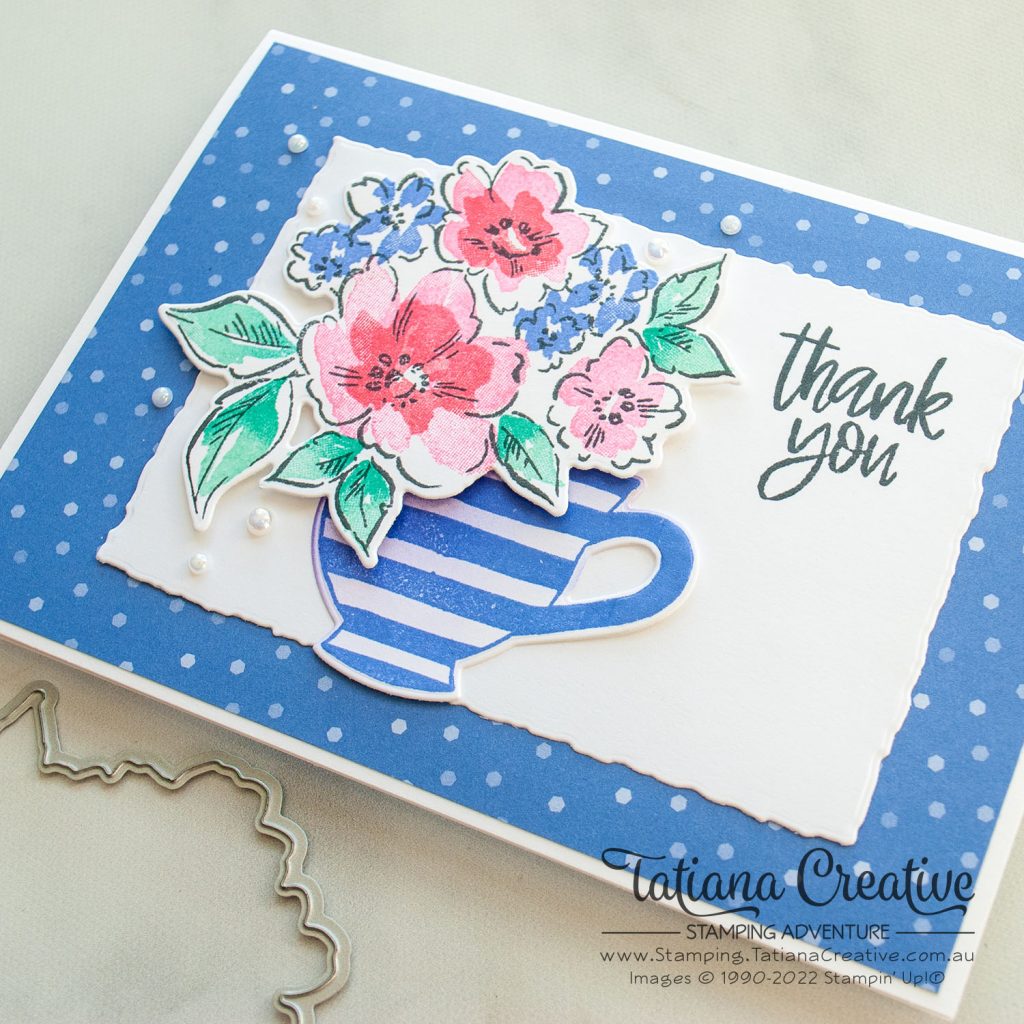 Tatiana Creative Stamping Adventure - Floral Tea Cup Thank You card using Hand-Penned Petals stamp set and Cup Of Tea stamp set both from Stampin' Up!® for Stampin' Fancy Friday Color Challenge