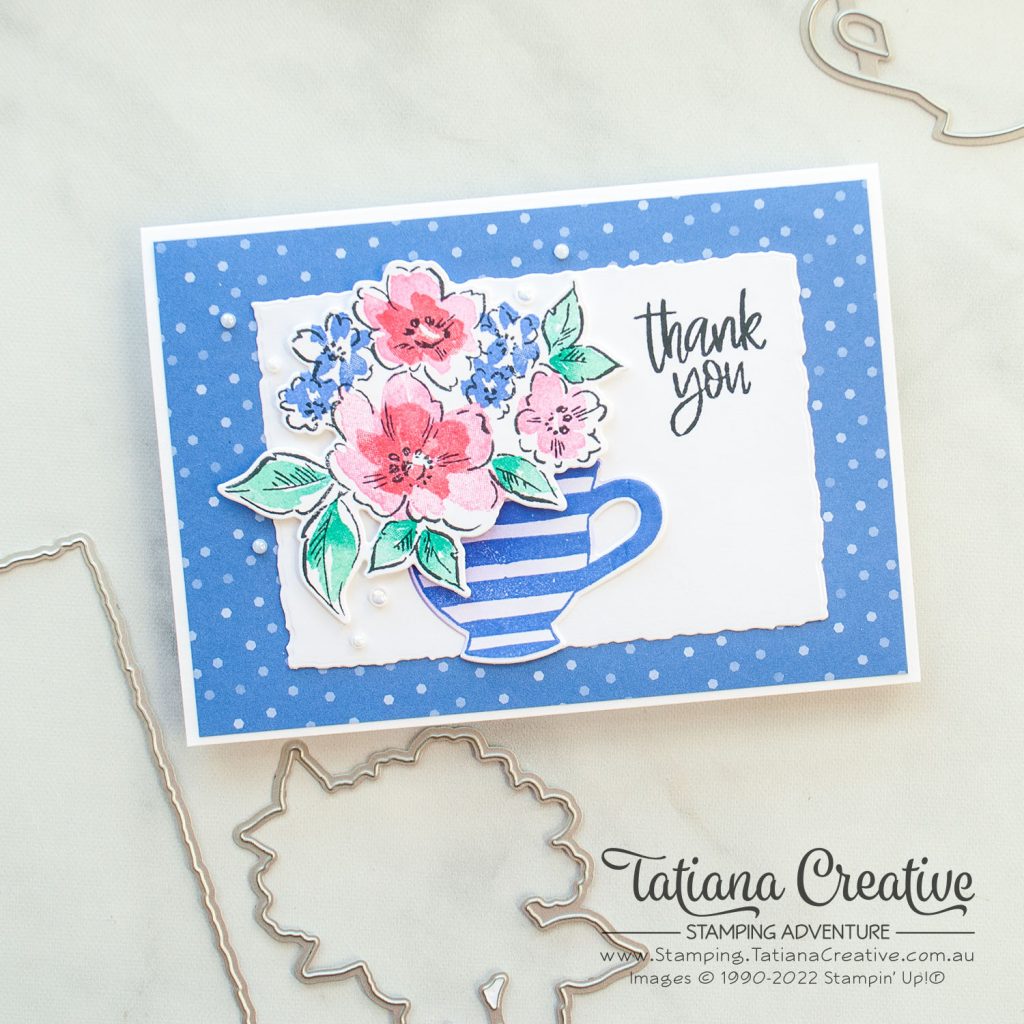 Tatiana Creative Stamping Adventure - Floral Tea Cup Thank You card using Hand-Penned Petals stamp set and Cup Of Tea stamp set both from Stampin' Up!® for Stampin' Fancy Friday Color Challenge