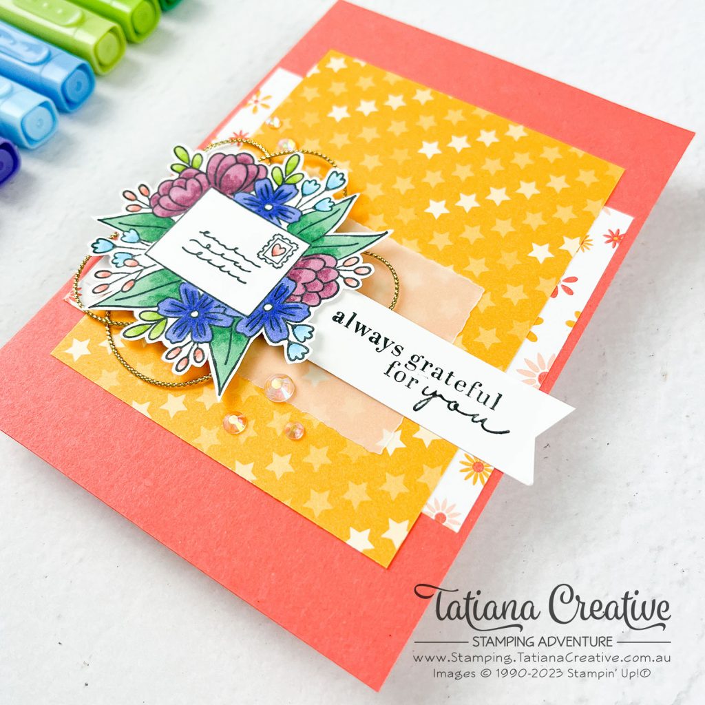 Tatiana Creative Stamping Adventure - Grateful Card using SAB Dandy Designs DSP and Full Of Love stamp set both from Stampin' Up!®