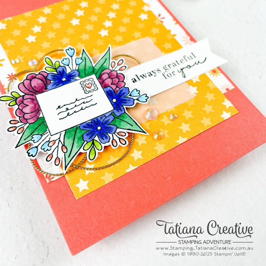 Tatiana Creative Stamping Adventure - Grateful Card using SAB Dandy Designs DSP and Full Of Love stamp set both from Stampin' Up!®