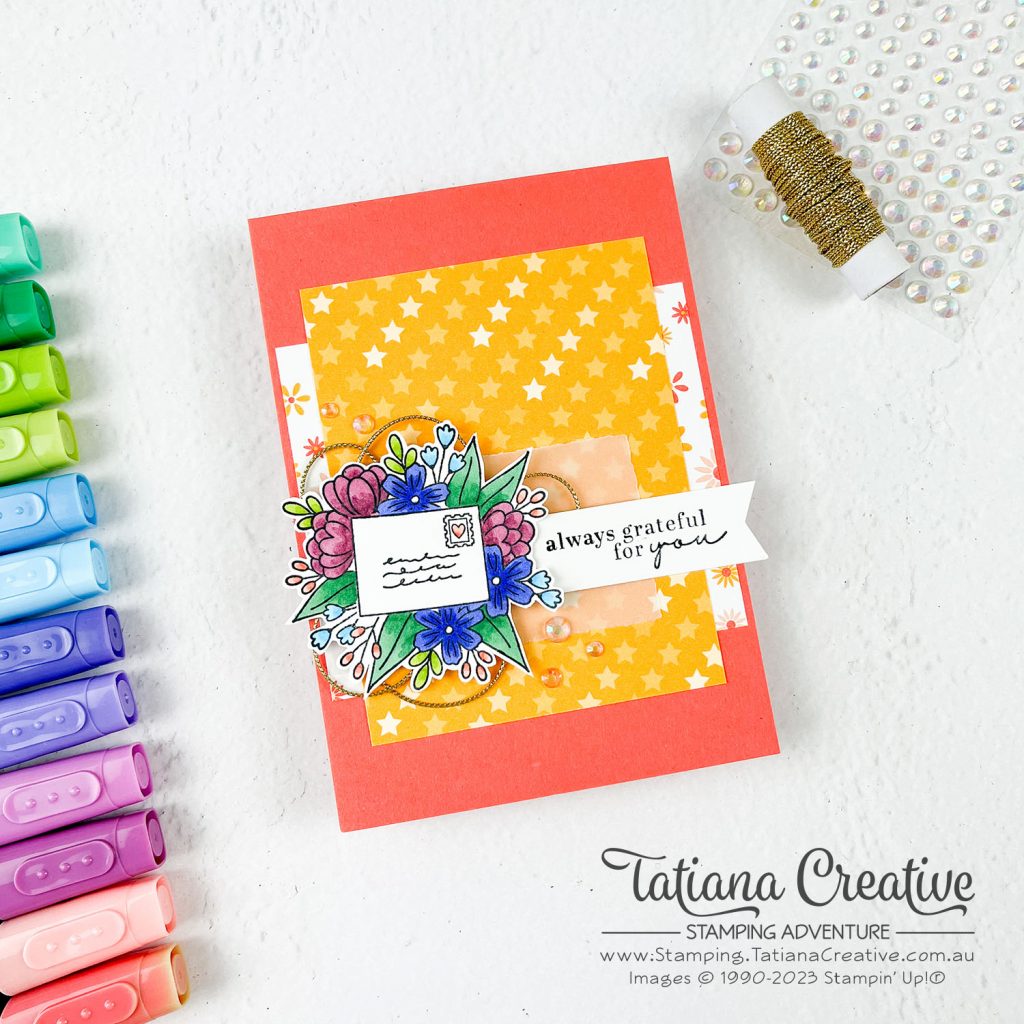 Tatiana Creative Stamping Adventure - Grateful Card using SAB Dandy Designs DSP and Full Of Love stamp set both from Stampin' Up!®