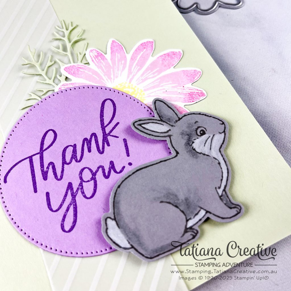 Tatiana Creative Stamping Adventure - Crafting Retreat Thank You card using Good Feelings, and Easter Bunny stamp sets and Cheerful Daisies bundle all from Stampin' Up!®