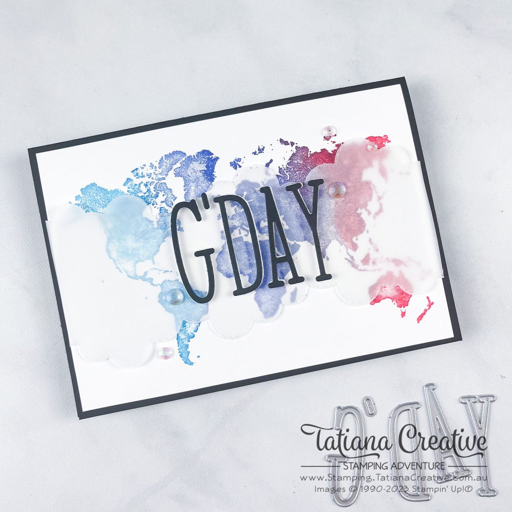 Tatiana Creative Stamping Adventure - G'day card using Watercolor World stamp set and Alphabet A La Mode Dies both from Stampin' Up!®